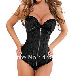 Black Lace up boned Corset Bustier with pattern zipper front lignerie underwear +G-string S-XXL   M0143