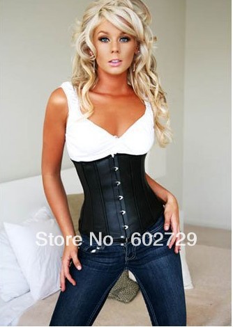 Black lace up boned faux leather underbust steel busk front factory supplier S-2XL