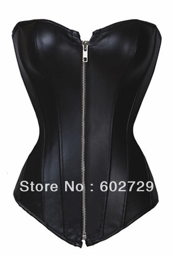 Black lace up boned zipper front leather corset busiter showgirl S-2XL