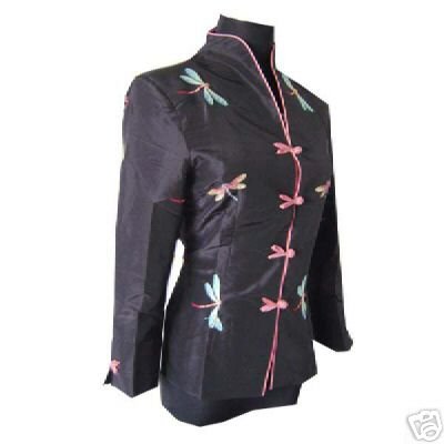 black Ladies' Satin Polyester Embroidery Jacket Coat butterfly Free Shipping Size S-6XL J1351