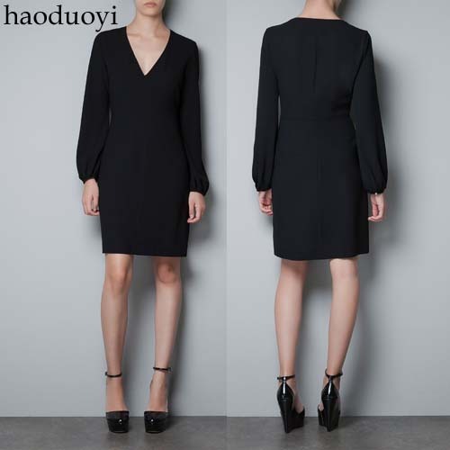 Black long-sleeve lining  one-piece dress one-piece dress 6 full sizes