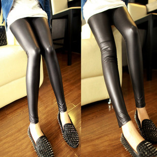 Black matt dull high-elastic slim faux leather pants spring and autumn ankle length legging 9820