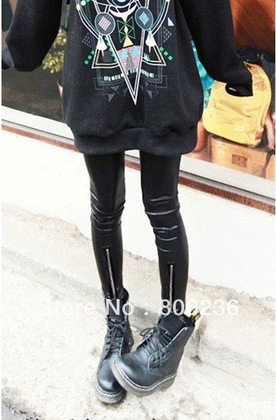 Black Metallic PU Leather Shiny Punk Leg Zip Pants/Tights    B390