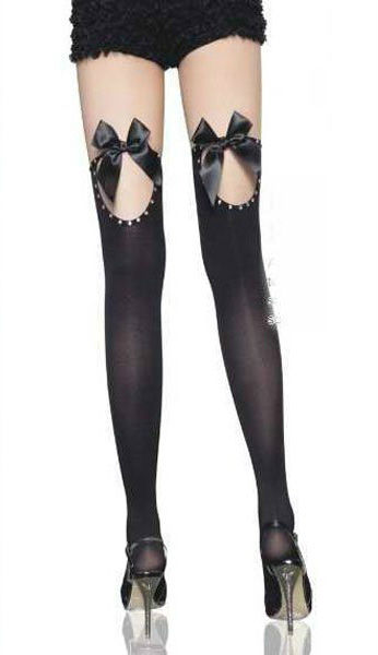 Black New Sexy woman's Punk style lace stockings with Rhinestone socks with bow  free shipping #21131