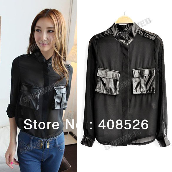 Black New Womens Shirt Chiffon Blouse Synthetic Leather Splicing long sleeve Shirts Sheer Tops free shipping 9435