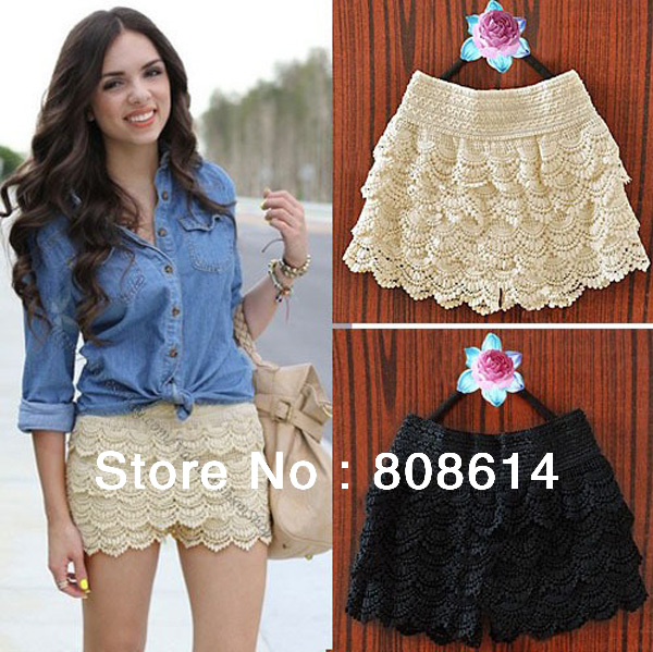 Black/Off-White Color Korean Fashion Womens Sweet Cute Crochet Tiered Lace Shorts Skorts Pants