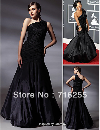 Black One Shoulder Taffeta Mermaid/Trumpet Celebrity Dresses Prom/Evening Formal Gowns Custom
