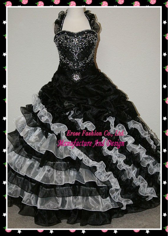 Black Organza cover fabric m049 made long kids party dress