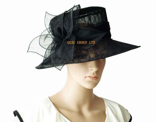 Black organza hat /bridal hats covered lace with leaf flowers for wedding/races/party/church/hair accessory.