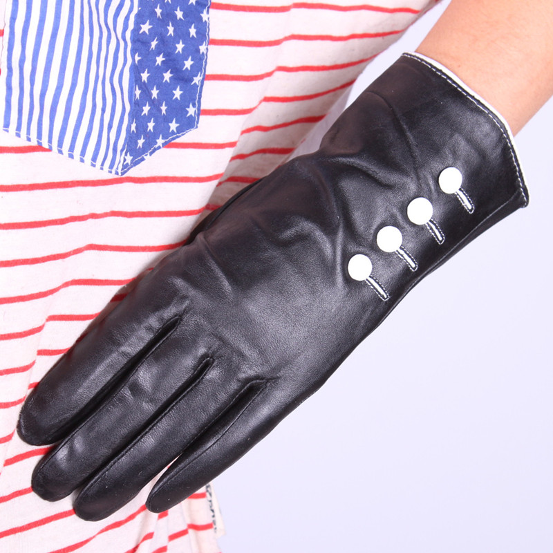 Black picotee women's fashion buckle genuine leather gloves leather gloves winter thermal flannelet sheepskin gloves