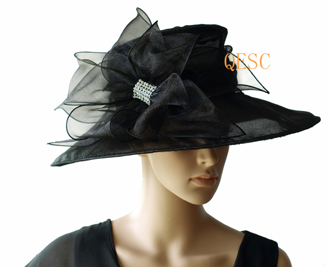 Black pink Crystal Organza  Hat with Organza loop and rhinestone for party,wedding,ketucky derby,church.brim width 13cm