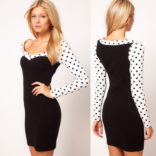 Black polka dots long-sleeve patchwork tube top o-neck fashion dress banquet Geometry dress stripes full Strapless