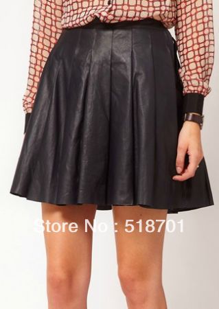Black PU Leather Pleated Short Skirt