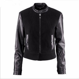 Black PU patchwork black woolen long-sleeve outerwear front zipper slim motorcycle loading hm6 full