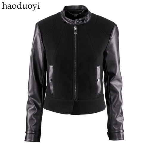 Black PU patchwork black woolen long-sleeve outerwear front zipper slim motorcycle loading hm6 full size free shipping