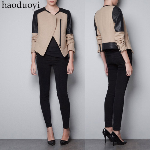 Black PU patchwork nerong jacket slim oblique zipper beige woolen outerwear 6 full free shipping