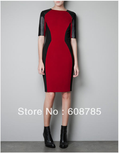 black red 2013 spring new stitching leather Short-sleeved formal dress Slim sexy ladies bottoming dresses free shipping B0592