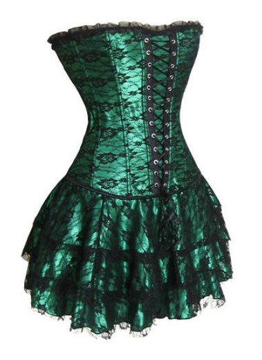 Black/Red/Purple/Green Sexy Lace Overlay Burlesque Corset Bustier Satin Boned Corset Mini skirt Gstring
