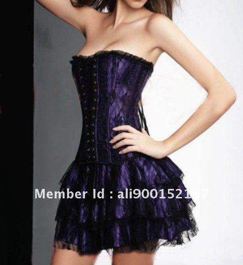 Black/Red/Purple/Green Sexy Lace Overlay Burlesque Corset Bustier Satin Boned Corset Mini skirt Gstring