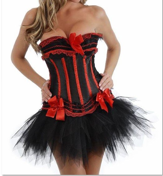 Black Red  satin  corset busiter  with padded cup underwire +G-string+Black  mini skirt  dance wear show gilr S-2XL