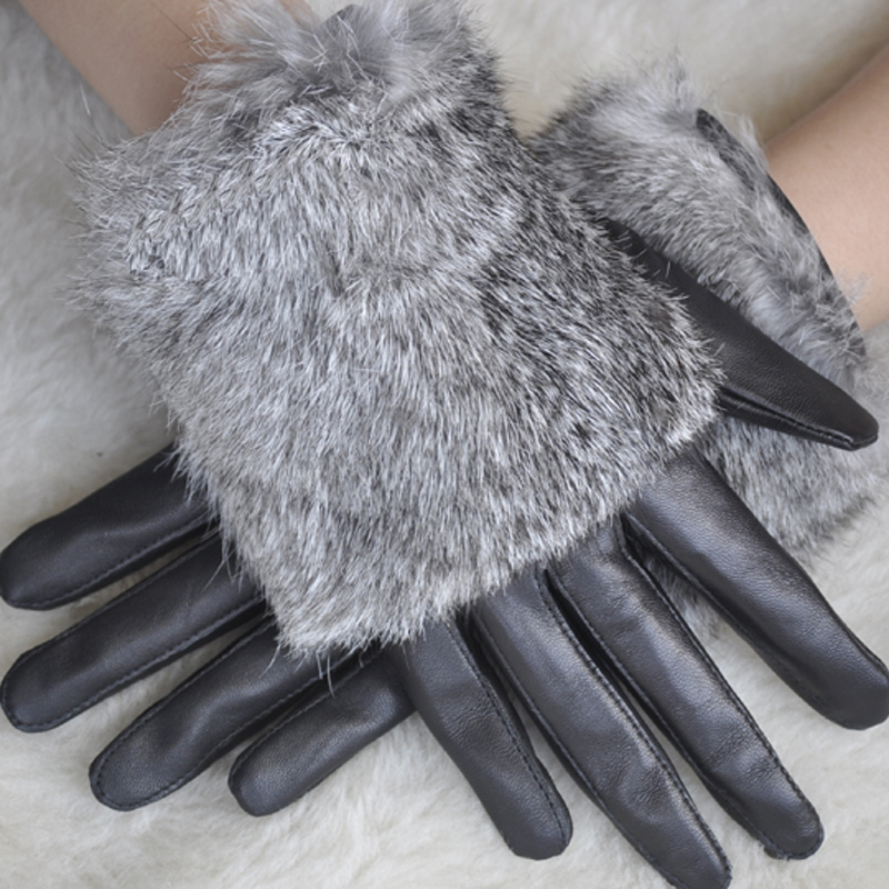black ,red woman Genuine leather suede gloves winter thermal gloves , rabbit fur gloves