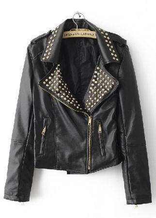 Black Rivet Embellished Lapel PU Leather Jacket