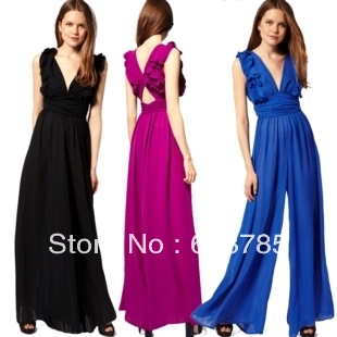 Black/Rose red/Blue Elegant ruffle chiffon Siamese trousers  for women  High waist sexy V-neck jumpsuit free shipping A409