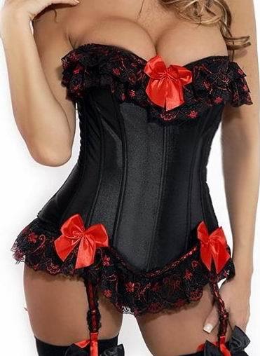 Black Satin Basque lace up boned corset busiter lingerie with lace trim and bows dropship S-2XL