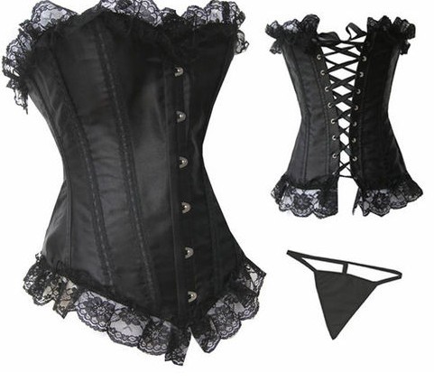 Black satin  black lace trim lace up boned corset busiter lingerie  S-2XL Drop ship