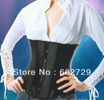 Black satin lace up boned Cincher Underbust corset bustier dropship S-2XL
