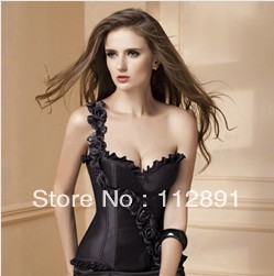 Black satin single shoulder showgirl body shaper Lace up Corset Bustier with padded cup+G-string S-XXL   M0222