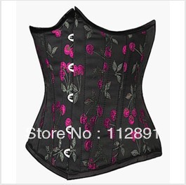 Black satin with floral boned lace up cincher undersust corset dropship S-2XL M0194