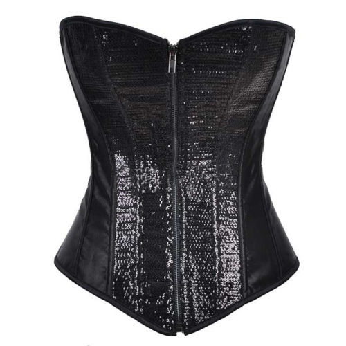 Black satin with sequin boned lace up  corset bustier showgirl bodyshaper factory supplier S-2XL