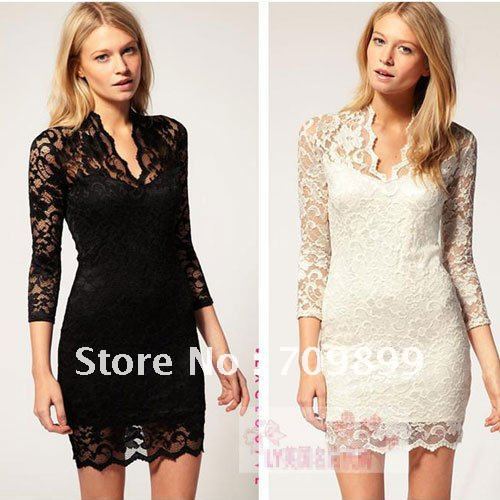 Black Sex Women Ladies V-neck Mini Slim Lace Dress Clubwear 3/4 Sleeve E0325