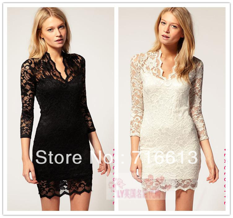 Black Sex Women Ladies V-neck Mini Slim Lace Dress Clubwear 3/4 Sleeve Free shipping