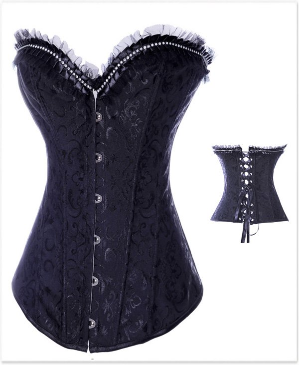 Black Sexy fashion corset with black lace, Brocade Pattern Overbust, Free shipping - 2801