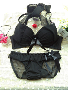 Black sexy halter-neck type bra set 3 breasted side gathering push up underwear adjustment