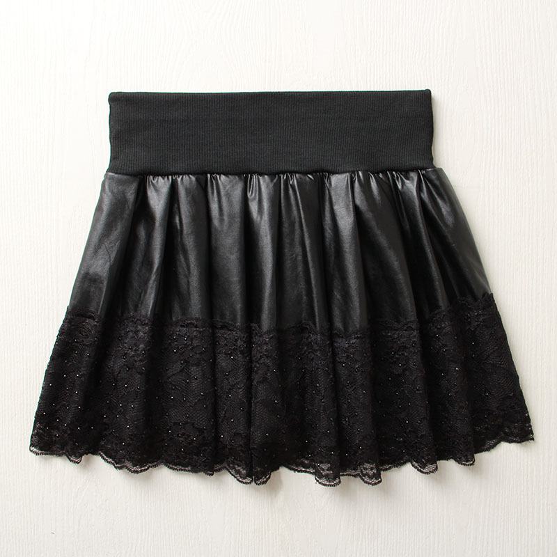 Black short skirt lace decoration dress diamond PU small leather skirt sweet layered dress basic skirt