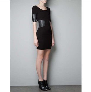Black skirt,Imitation leather waist dress,PU splicing,Deep v-neck zipper dress,Free Shipping