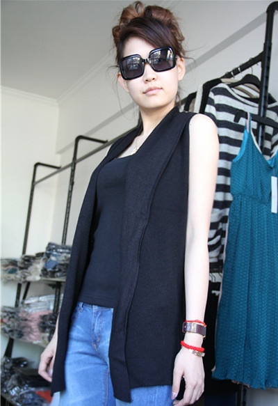 Black sleeveless cardigan long design sweater all-match sweater