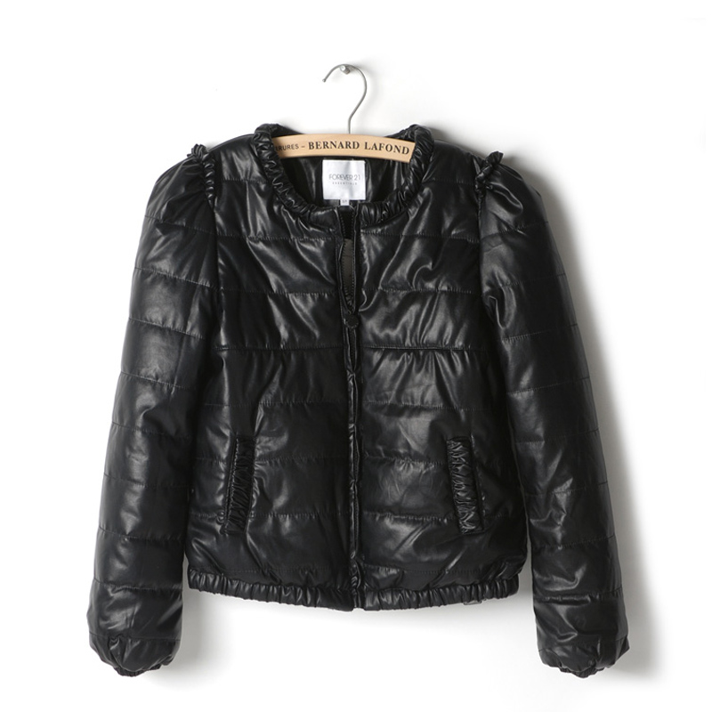 Black thin women's PU wadded jacket outerwear slim short design small cotton-padded jacket leather clothing