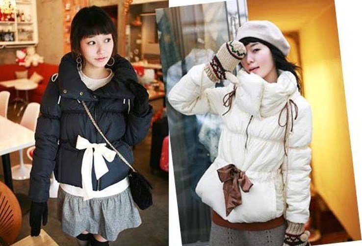 Black,White 2012 Women's Winter Autumn Manufacture Supply Korean Cotton Padded Hooded Windproof Jacket  Thermal Bowtie Coat