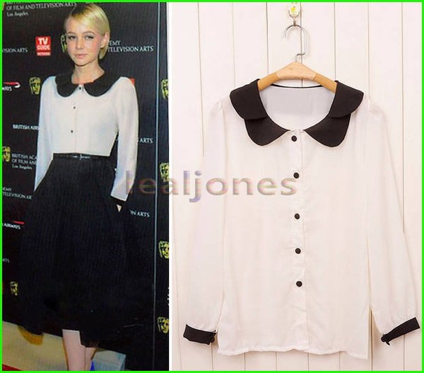 Black & White Japan style Elegant casual Lady Woman Doll Collar Chiffon Long Sleeves Blouse Shirt free shipping 052