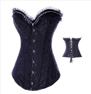 Black/White lace up boned corset busiter with lace trim and stones +G-string S-2XL M0213