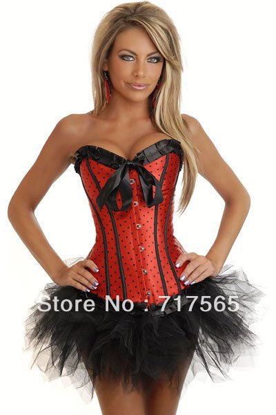 Black/White/Red/Pink/Blue Sexy Women Lace Up Bustiers Polka Dot Corset Waist Cincher Overbust Party Costumes G-string tutu Dress