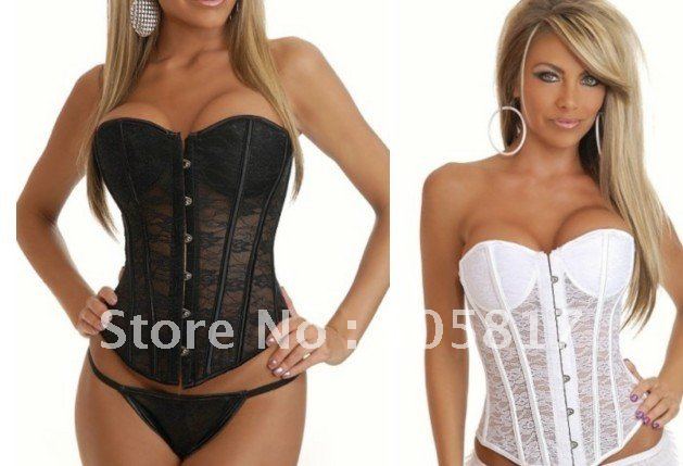 Black white Sexy lace corset bustier with G-string Strapless women Boned bodysuit lingerie S~XL Free drop ship CJ879