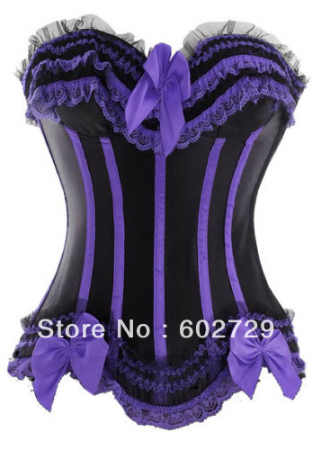 Black with purple boned satin lace up corset bustier padding bra clubwear factory supplier S-2XL