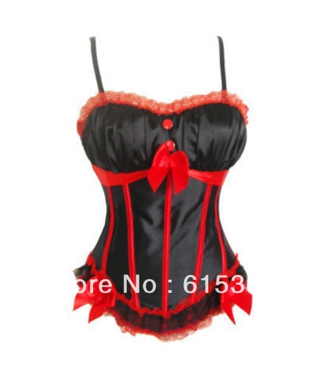 Black with red lace overbust corset Free shipping+wholesale and retail