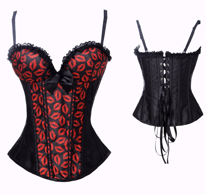 Black with red lips print satin boned lace up Corset Bustier with strap padded cup costume dropship S-2XL