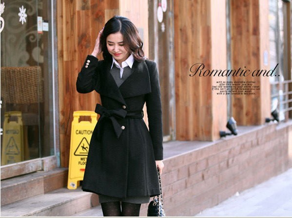 black  women fashion slim OL outfit faux long design woolen Blends Coat outerwear female overcoat